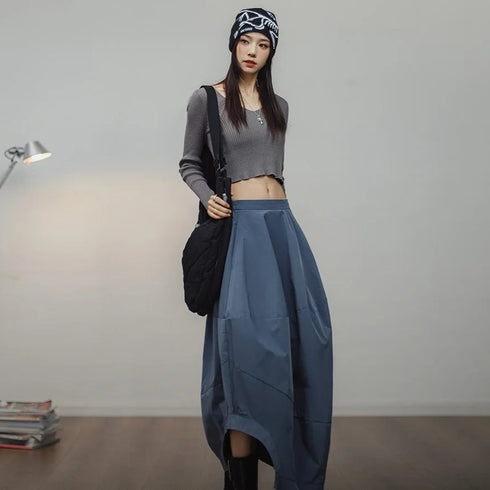 Premium Women's Bud Skirt – Solid Color Lantern Skirt with Irregular Hem & Elastic Back Waist